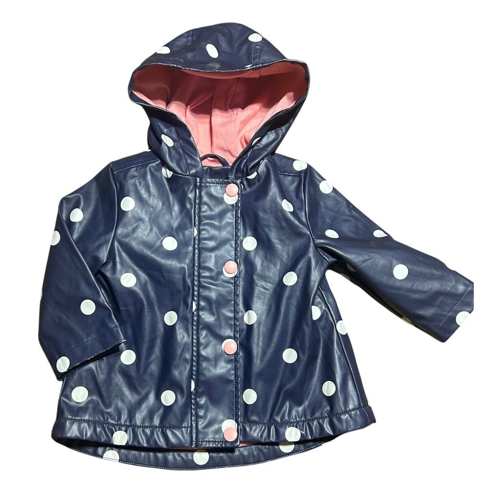Joe Fresh Navy Polka Dot Raincoat with peach lining size 6-12 months